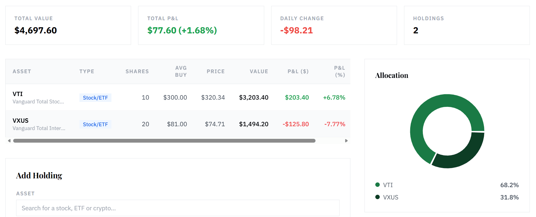 FinLore portfolio dashboard preview